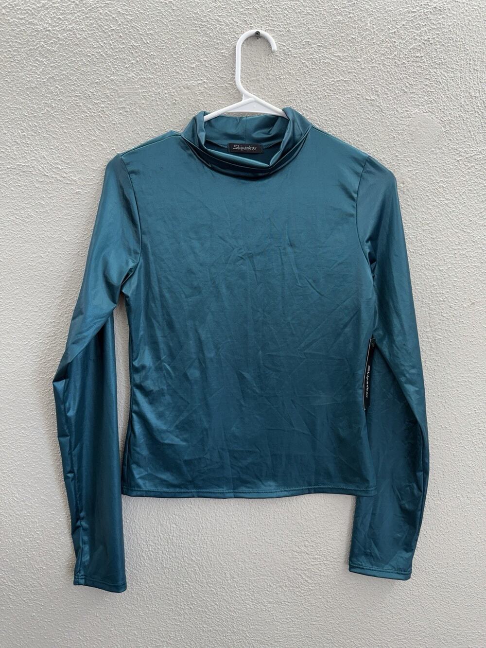 Shinestar Womens Shirt Size Large Teal Long Sleeve Turtleneck Shimmery NWTs